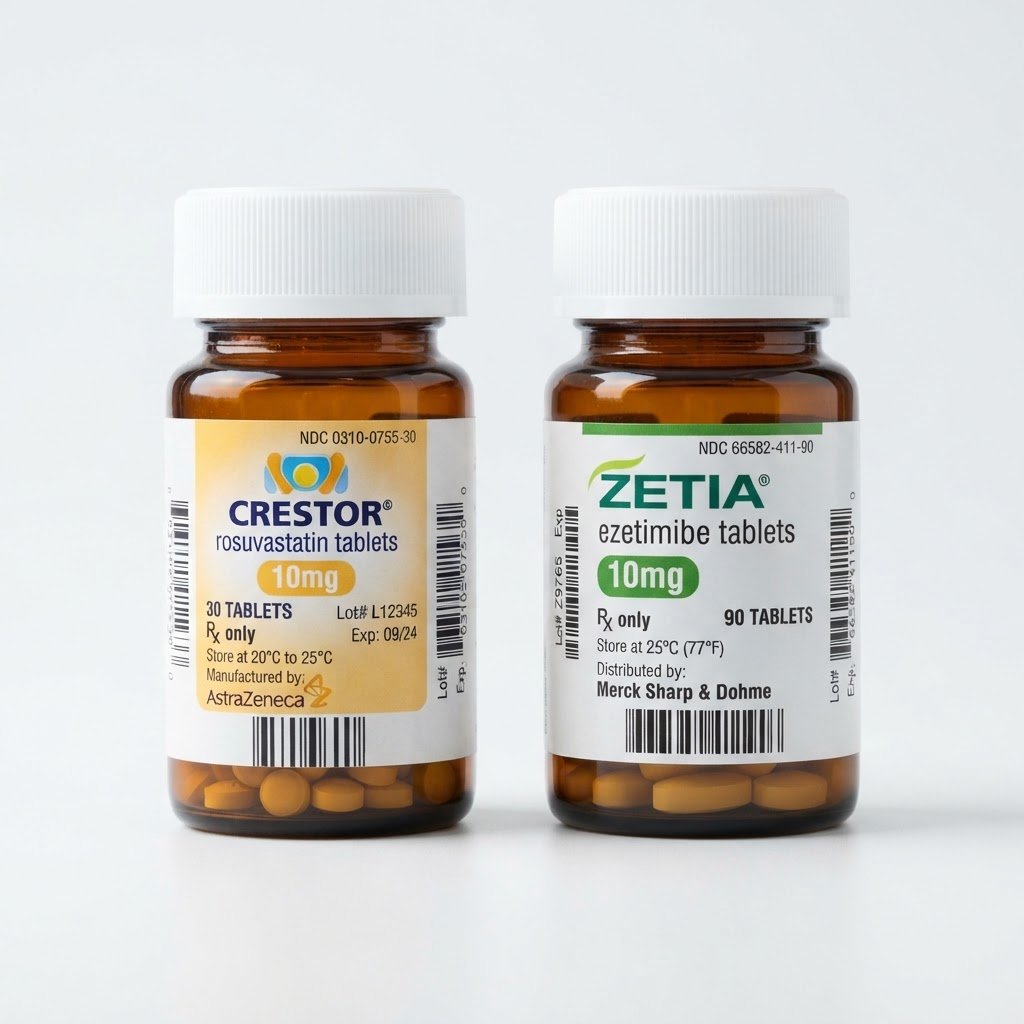Crestor 10mg rosuvastatin and Zetia 10mg ezetimibe medication bottles comparison