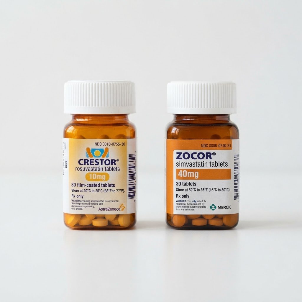 Crestor 10mg rosuvastatin and Zocor 40mg simvastatin medication bottles comparison
