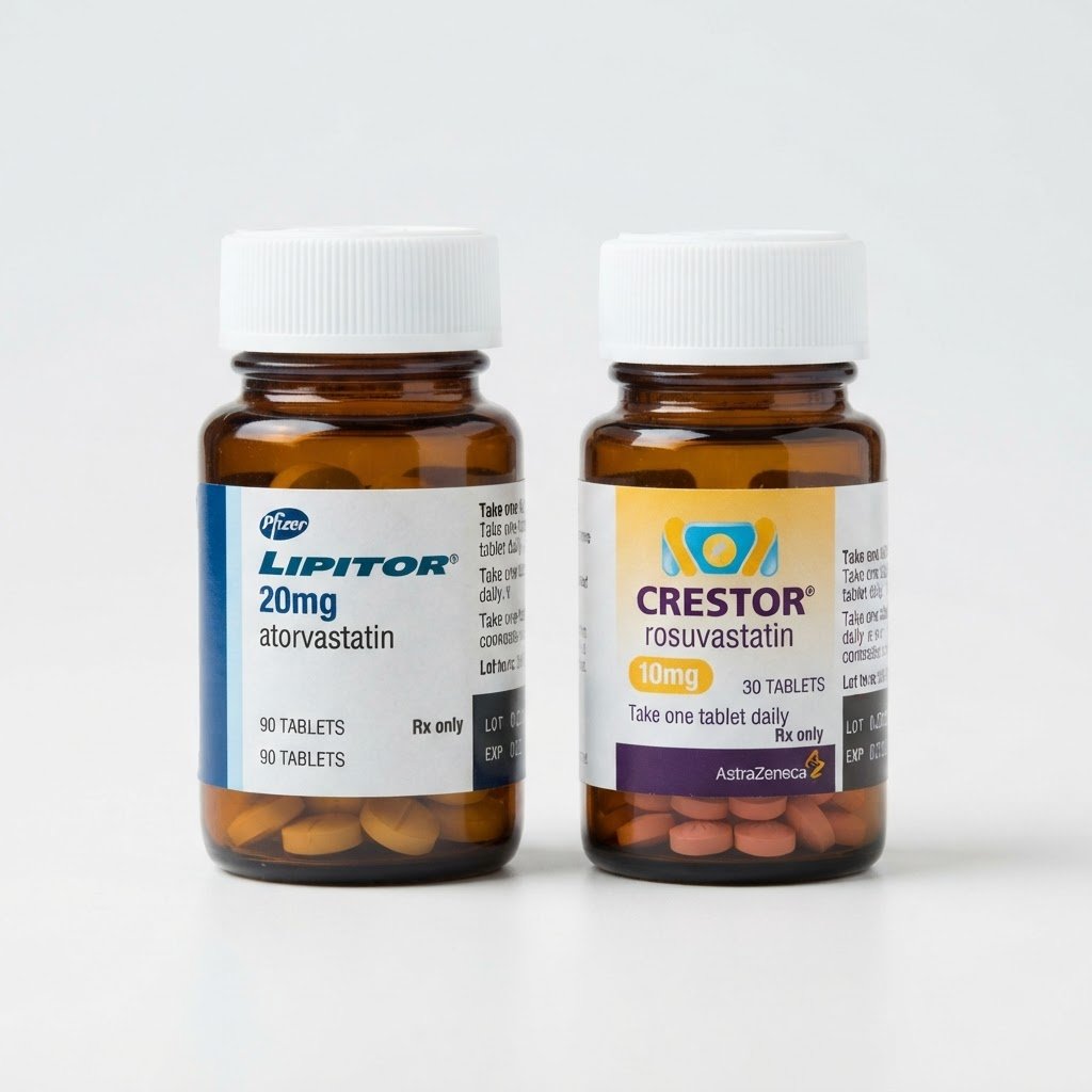 Lipitor 20mg atorvastatin and Crestor 10mg rosuvastatin medication bottles comparison