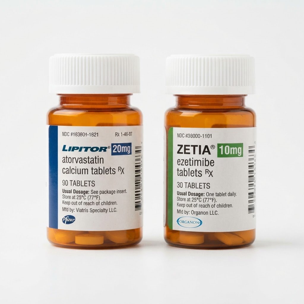 Lipitor 20mg atorvastatin and Zetia 10mg ezetimibe medication bottles comparison
