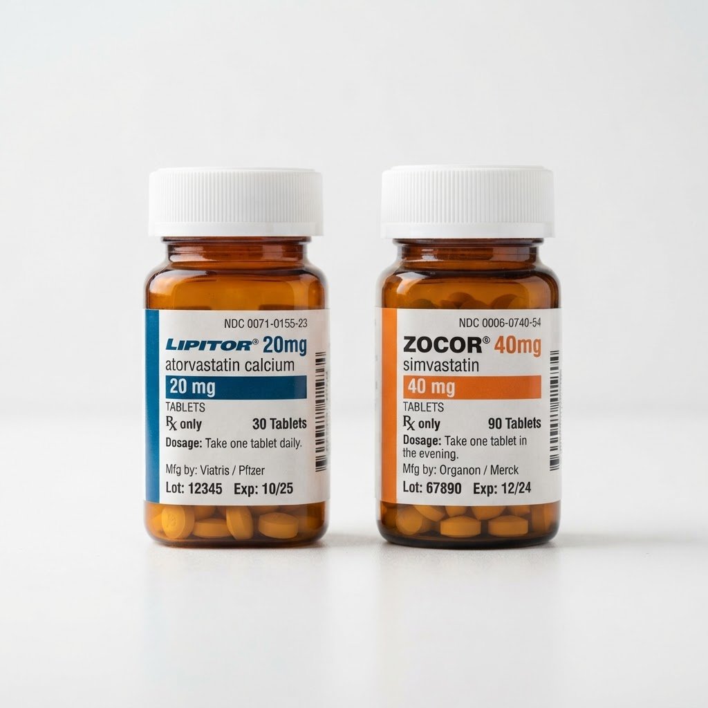 Lipitor 20mg atorvastatin and Zocor 40mg simvastatin medication bottles comparison